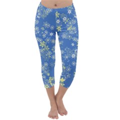 Yellow Flowers On Blue Capri Winter Leggings  by SpinnyChairDesigns