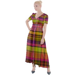 Pink Yellow Madras Plaid Button Up Short Sleeve Maxi Dress by SpinnyChairDesigns