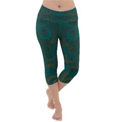 Teal Green Spirals Lightweight Velour Capri Yoga Leggings by SpinnyChairDesigns