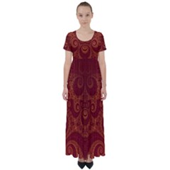 Red And Gold Spirals High Waist Short Sleeve Maxi Dress by SpinnyChairDesigns