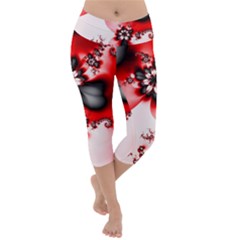 Abstract Red Black Floral Print Lightweight Velour Capri Yoga Leggings by SpinnyChairDesigns