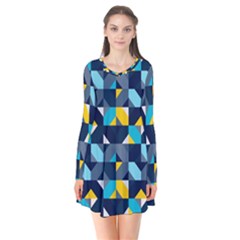 Geometric Hypnotic Shapes Long Sleeve V-neck Flare Dress by tmsartbazaar