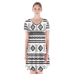 Black And White Aztec Short Sleeve V-neck Flare Dress by tmsartbazaar