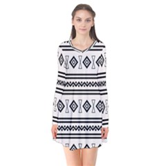 Black And White Aztec Long Sleeve V-neck Flare Dress by tmsartbazaar