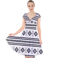 Black And White Aztec Cap Sleeve Front Wrap Midi Dress by tmsartbazaar