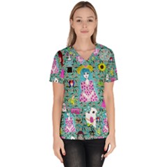 Blue Denim And Drawings Daisies Aqua Women s V-neck Scrub Top by snowwhitegirl