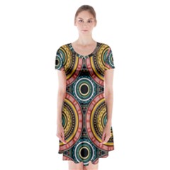 Aztec Multicolor Mandala Short Sleeve V-neck Flare Dress by tmsartbazaar