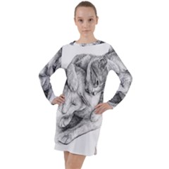 Cat Drawing Art Long Sleeve Hoodie Dress by HermanTelo