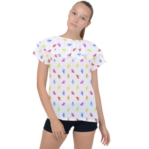 Multicolored Hands Silhouette Motif Design Ruffle Collar Chiffon Blouse by dflcprintsclothing