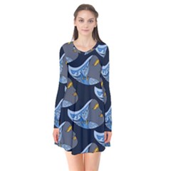 Queen Fish Doodle Art Long Sleeve V-neck Flare Dress by tmsartbazaar