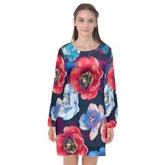 Flowers Pattern Long Sleeve Chiffon Shift Dress  by Sparkle