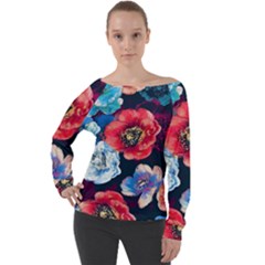 Flowers Pattern Off Shoulder Long Sleeve Velour Top by Sparkle