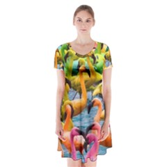 Rainbow Flamingos Short Sleeve V-neck Flare Dress by Sparkle