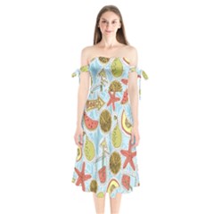 Tropical Pattern Shoulder Tie Bardot Midi Dress by GretaBerlin