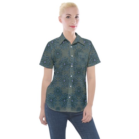 Decorative Wheat Wreath Stars Women s Short Sleeve Pocket Shirt by pepitasart