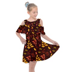 Yellow Green Orange Leaf Pattern Kids  Shoulder Cutout Chiffon Dress by designsbymallika