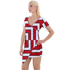 Square Maze Red Short Sleeve Asymmetric Mini Dress by tmsartbazaar