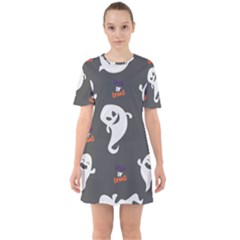 Halloween Ghost Trick Or Treat Seamless Repeat Pattern Sixties Short Sleeve Mini Dress by KentuckyClothing