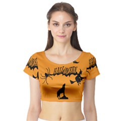 Happy Halloween Scary Funny Spooky Logo Witch On Broom Broomstick Spider Wolf Bat Black 8888 Black A Short Sleeve Crop Top by HalloweenParty