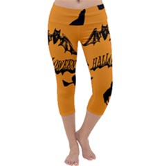 Happy Halloween Scary Funny Spooky Logo Witch On Broom Broomstick Spider Wolf Bat Black 8888 Black A Capri Yoga Leggings by HalloweenParty