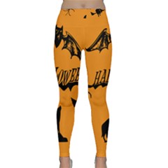 Happy Halloween Scary Funny Spooky Logo Witch On Broom Broomstick Spider Wolf Bat Black 8888 Black A Classic Yoga Leggings by HalloweenParty