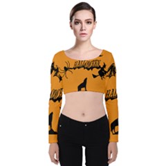 Happy Halloween Scary Funny Spooky Logo Witch On Broom Broomstick Spider Wolf Bat Black 8888 Black A Velvet Long Sleeve Crop Top by HalloweenParty