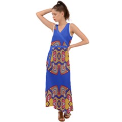 Yellow Red Shapes On A Blue Background                                                            V-neck Chiffon Maxi Dress by LalyLauraFLM