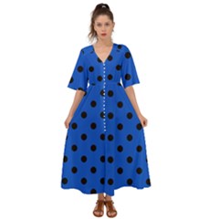 Large Black Polka Dots On Absolute Zero Blue - Kimono Sleeve Boho Dress by FashionLane