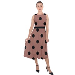 Large Black Polka Dots On Blast-off Bronze - Midi Tie-back Chiffon Dress by FashionLane