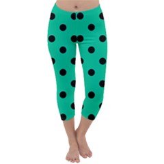 Large Black Polka Dots On Caribbean Green - Capri Winter Leggings  by FashionLane