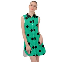 Large Black Polka Dots On Caribbean Green - Sleeveless Shirt Dress by FashionLane