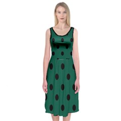 Large Black Polka Dots On Christmas Green - Midi Sleeveless Dress by FashionLane