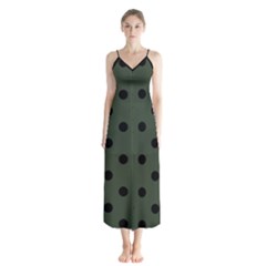 Large Black Polka Dots On Kombu Green - Button Up Chiffon Maxi Dress by FashionLane