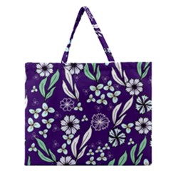 Floral Blue Pattern Zipper Large Tote Bag by MintanArt