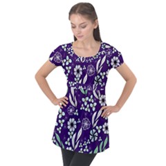 Floral Blue Pattern  Puff Sleeve Tunic Top by MintanArt