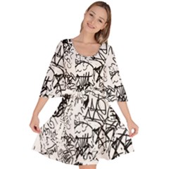 Black And White Graffiti Abstract Collage Velour Kimono Dress by dflcprintsclothing