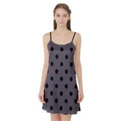 Large Black Polka Dots On Dark Smoke Grey - Satin Night Slip by FashionLane