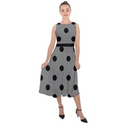 Large Black Polka Dots On Just Grey - Midi Tie-back Chiffon Dress by FashionLane