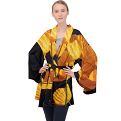 Yellow Poppies Long Sleeve Velvet Kimono  by Audy