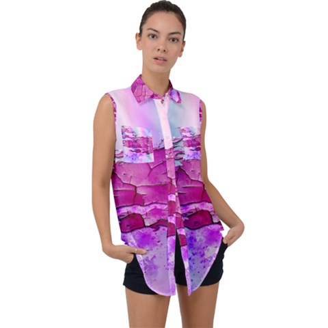 Background Crack Art Abstract Sleeveless Chiffon Button Shirt by Mariart