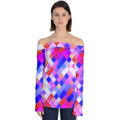 Squares Pattern Geometric Seamless Off Shoulder Long Sleeve Top by Dutashop