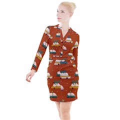 Cute Merry Christmas And Happy New Seamless Pattern With Cars Carrying Christmas Trees Button Long Sleeve Dress by EvgeniiaBychkova