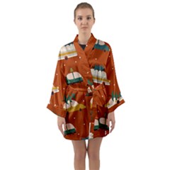 Cute Merry Christmas And Happy New Seamless Pattern With Cars Carrying Christmas Trees Long Sleeve Satin Kimono by EvgeniiaBychkova