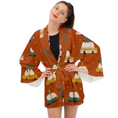 Cute Merry Christmas And Happy New Seamless Pattern With Cars Carrying Christmas Trees Long Sleeve Kimono by EvgeniiaBychkova