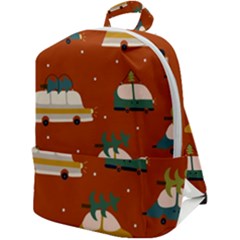 Cute Merry Christmas And Happy New Seamless Pattern With Cars Carrying Christmas Trees Zip Up Backpack by EvgeniiaBychkova