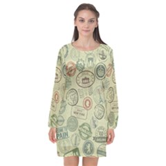 Beige Denim With Logos Long Sleeve Chiffon Shift Dress  by ArtsyWishy