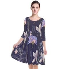 Butterflies And Flowers Painting Quarter Sleeve Waist Band Dress by ArtsyWishy