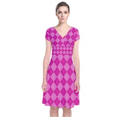 Pink Diamond Pattern Short Sleeve Front Wrap Dress by ArtsyWishy