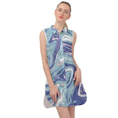 Blue Vivid Marble Pattern Sleeveless Shirt Dress by goljakoff