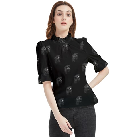 Arfican Head Sculpture Motif Print Pattern Frill Neck Blouse by dflcprintsclothing